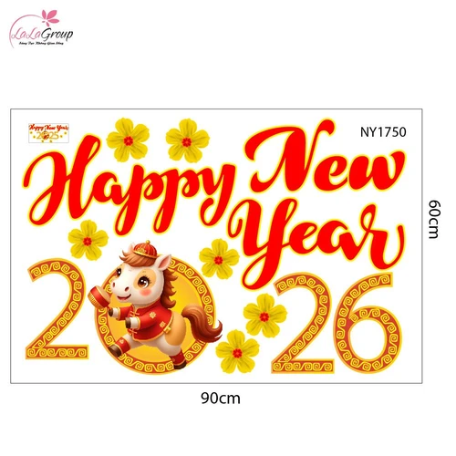 Decal Trang Trí Tết Happy New Year 2026 Và Hoa Mai Vàng