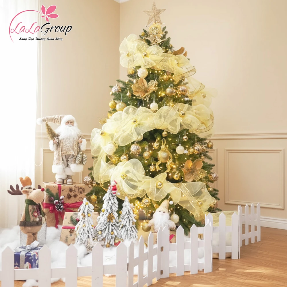 Cây Thông Noel PE PVC Cây Tự Động 1m8 Full Phụ Kiện Tone Vàng Đón Giáng Sinh