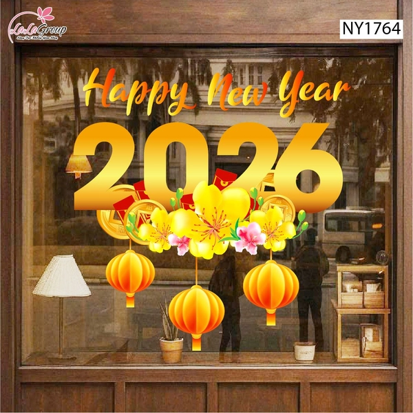 Decal Trang Trí Tết Happ New Year 2026 Mai Vàng Khoe Sắc