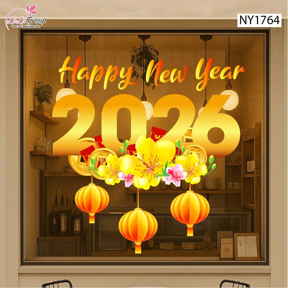 Decal Trang Trí Tết Happ New Year 2026 Mai Vàng Khoe Sắc