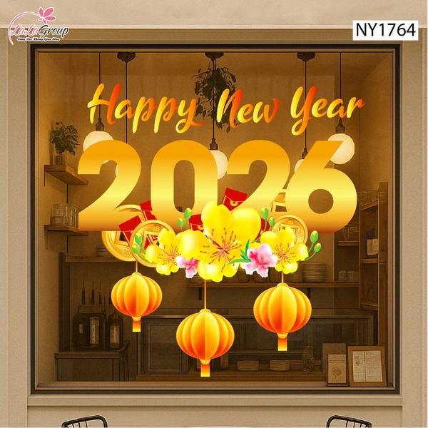 Decal Trang Trí Tết Happ New Year 2026 Mai Vàng Khoe Sắc