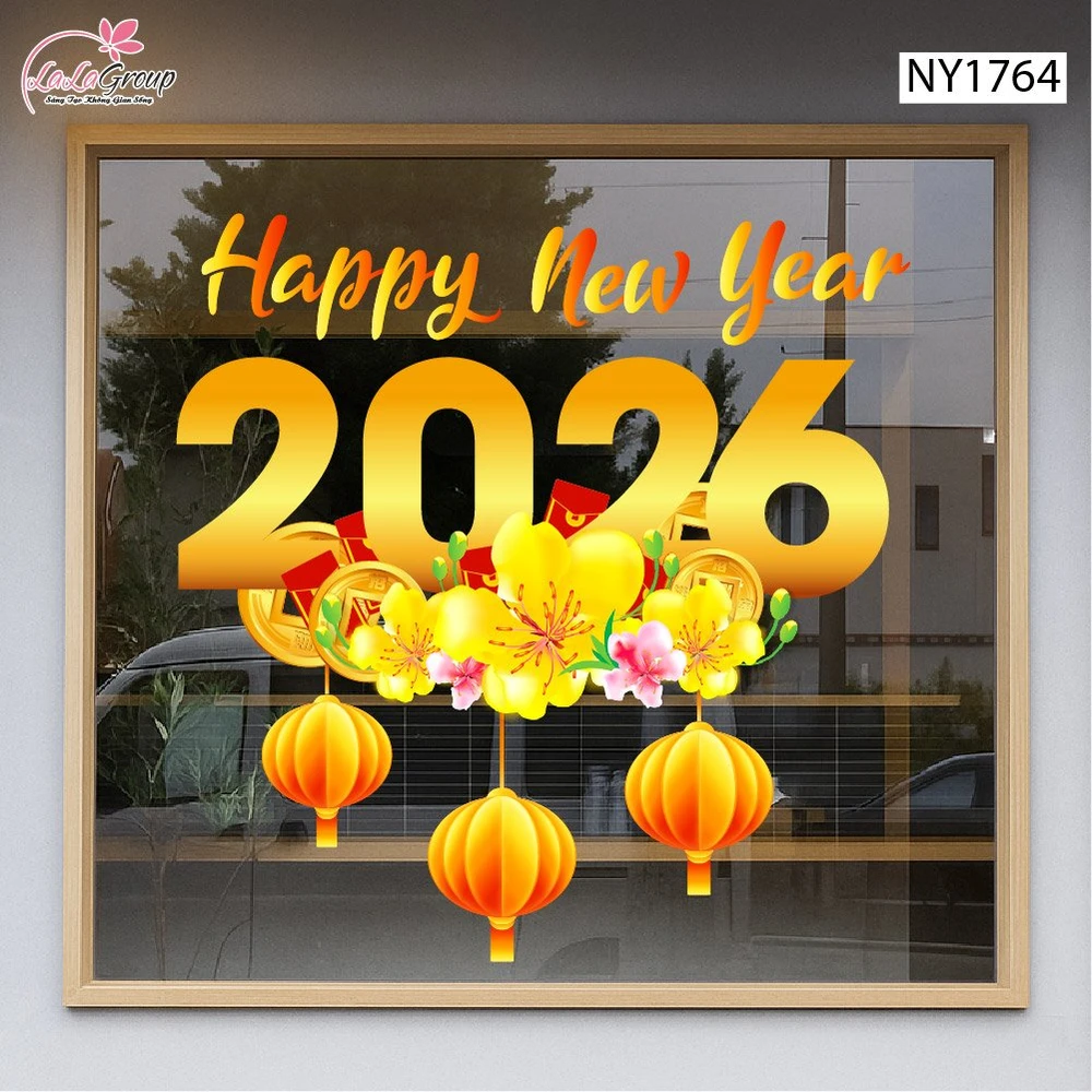Decal Trang Trí Tết Happ New Year 2026 Mai Vàng Khoe Sắc
