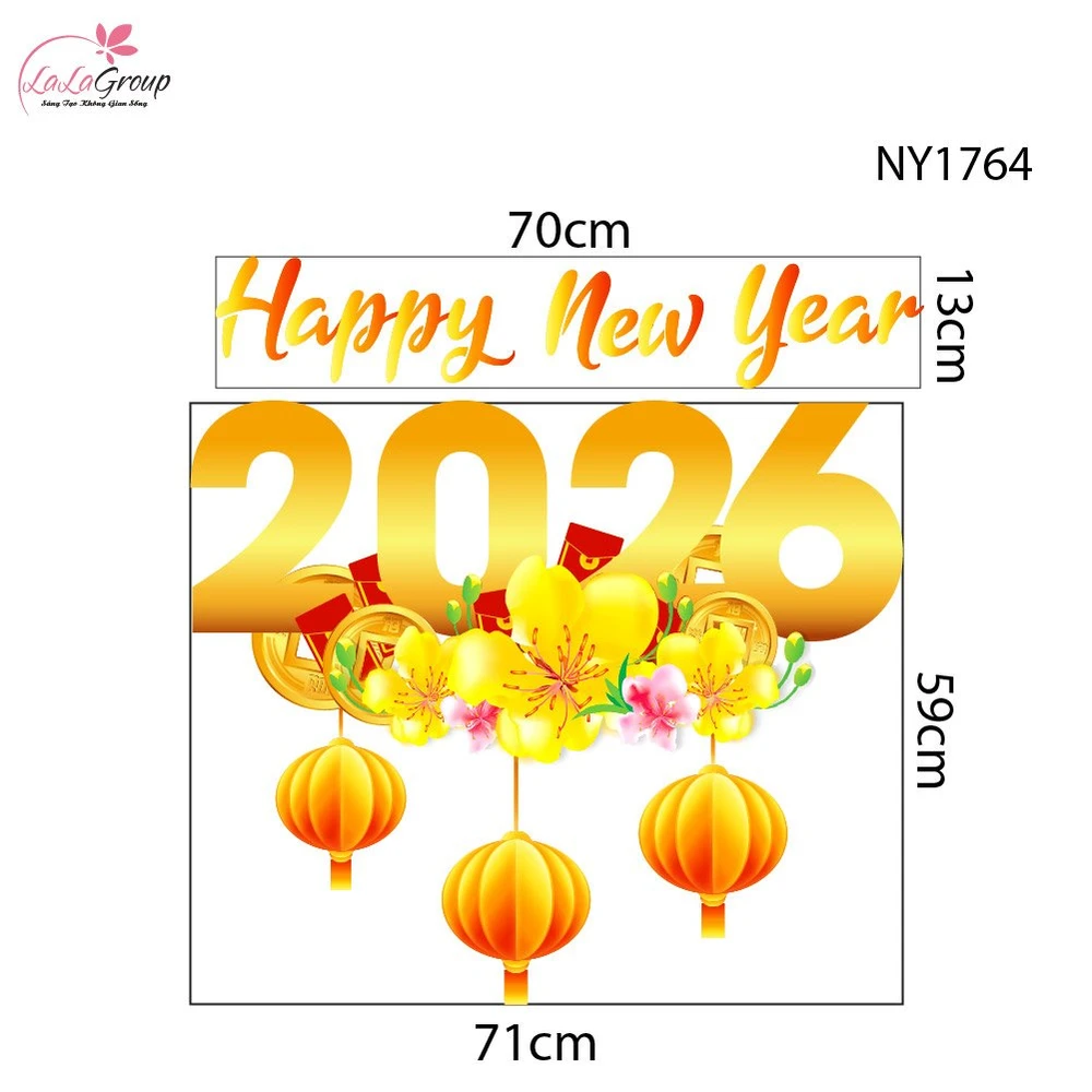 Decal Trang Trí Tết Happ New Year 2026 Mai Vàng Khoe Sắc