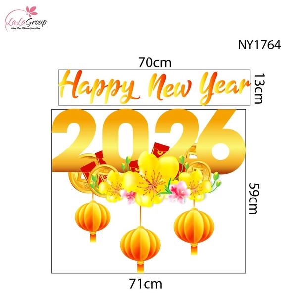 Decal Trang Trí Tết Happ New Year 2026 Mai Vàng Khoe Sắc