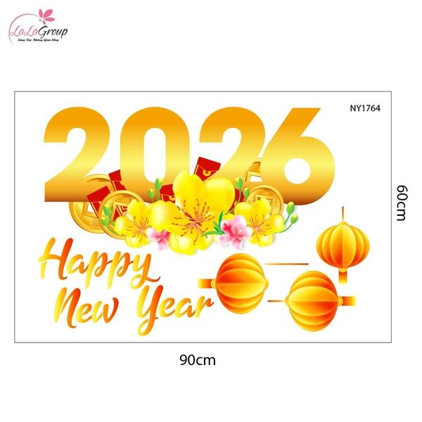 Decal Trang Trí Tết Happ New Year 2026 Mai Vàng Khoe Sắc