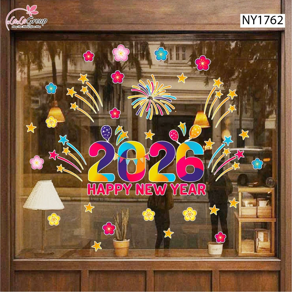 Decal Trang Trí Tết Happy New Year 2026 Và Pháo Hoa Sắc Màu