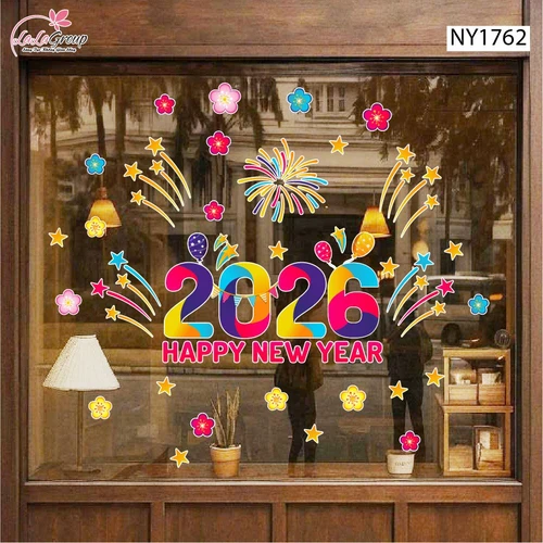 Decal Trang Trí Tết Happy New Year 2026 Và Pháo Hoa Sắc Màu