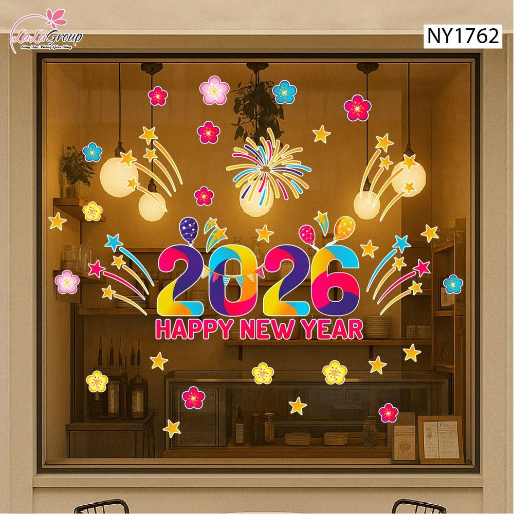 Decal Trang Trí Tết Happy New Year 2026 Và Pháo Hoa Sắc Màu