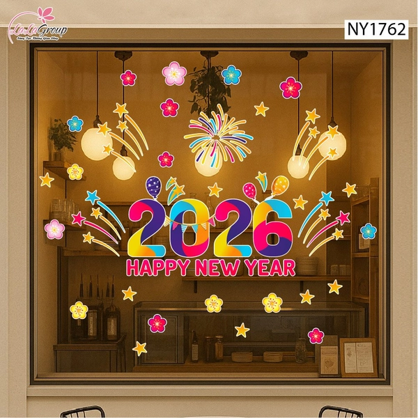 Decal Trang Trí Tết Happy New Year 2026 Và Pháo Hoa Sắc Màu