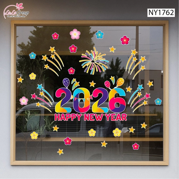 Decal Trang Trí Tết Happy New Year 2026 Và Pháo Hoa Sắc Màu