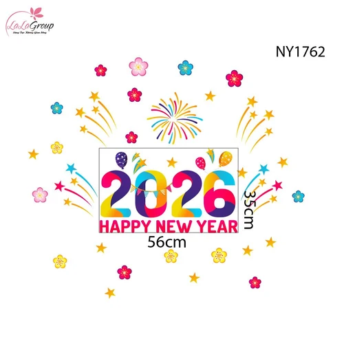 Decal Trang Trí Tết Happy New Year 2026 Và Pháo Hoa Sắc Màu