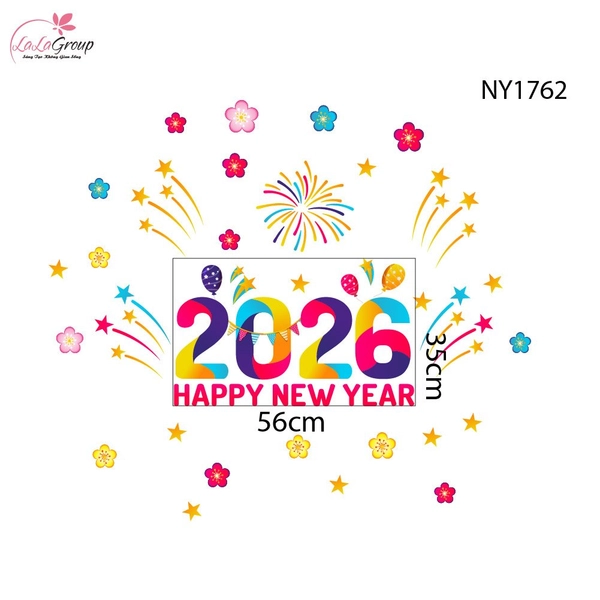 Decal Trang Trí Tết Happy New Year 2026 Và Pháo Hoa Sắc Màu