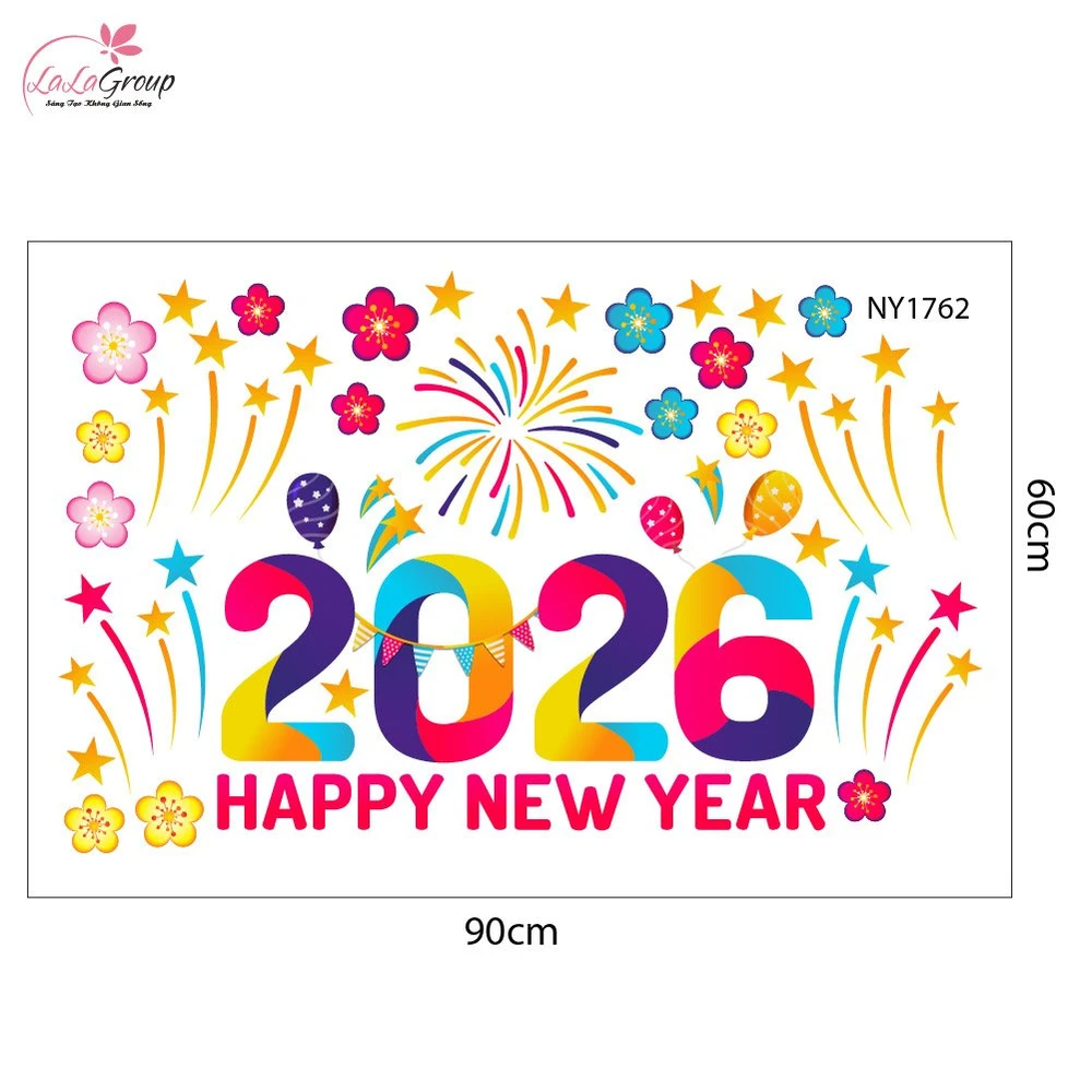 Decal Trang Trí Tết Happy New Year 2026 Và Pháo Hoa Sắc Màu