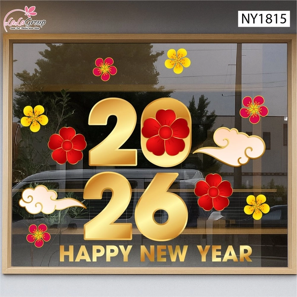 Decal Trang Trí Tết Happy New Year 2026 Và Mai Đào Đón Xuân