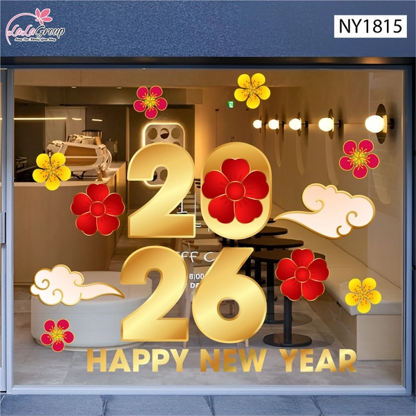 Decal Trang Trí Tết Happy New Year 2026 Và Mai Đào Đón Xuân