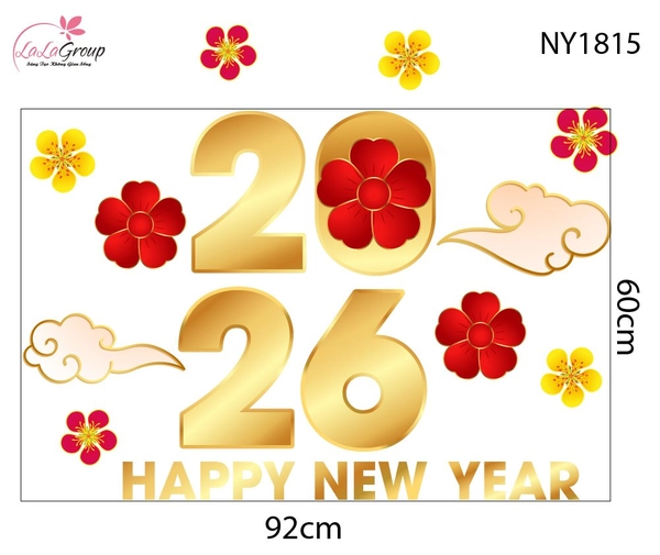 Decal Trang Trí Tết Happy New Year 2026 Và Mai Đào Đón Xuân
