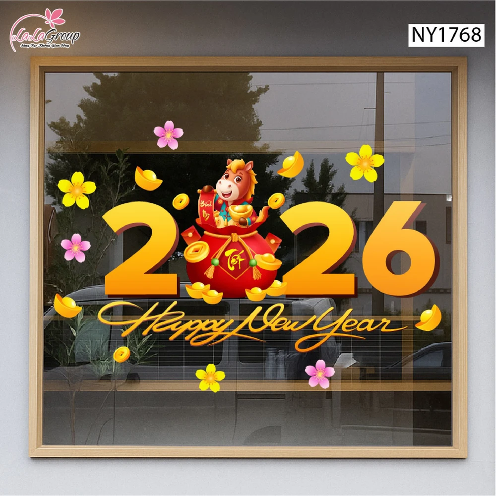 Decal Trang Trí Tết Happy New Year 2026 Và Túi Tiền Vàng Tài Lộc