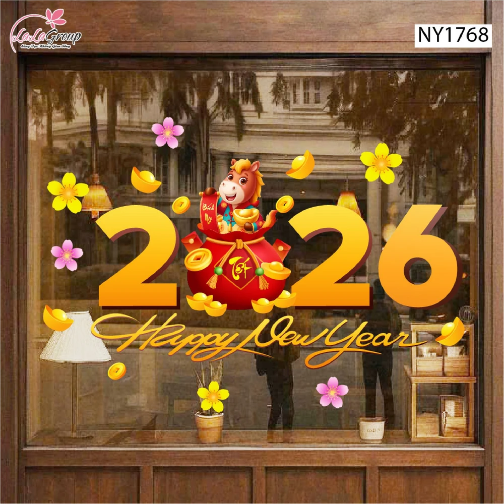 Decal Trang Trí Tết Happy New Year 2026 Và Túi Tiền Vàng Tài Lộc