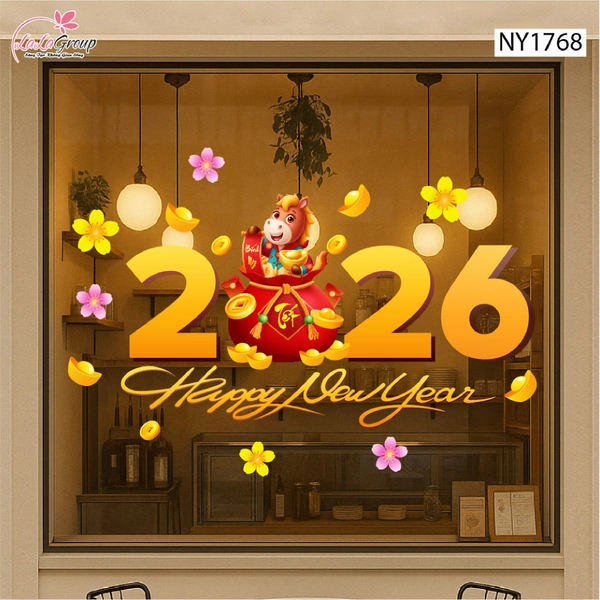 Decal Trang Trí Tết Happy New Year 2026 Và Túi Tiền Vàng Tài Lộc