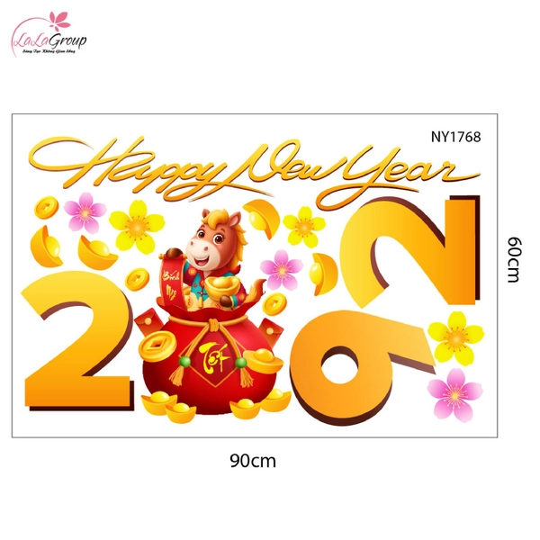Decal Trang Trí Tết Happy New Year 2026 Và Túi Tiền Vàng Tài Lộc