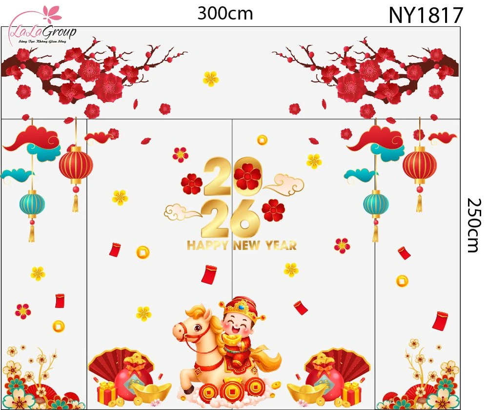 Decal Trang Trí Tết 2026 Thần Tài Cưỡi Ngựa Rước Lộc Đầu Năm