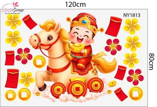 Decal Trang Trí Tết 2026 Thần Tài Cưỡi Ngựa Rước Lộc Đầu Năm