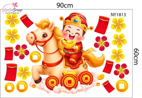 Combo Decal Trang Trí Tết Thần Tài Và Đôi Bé Múa Lân 2026