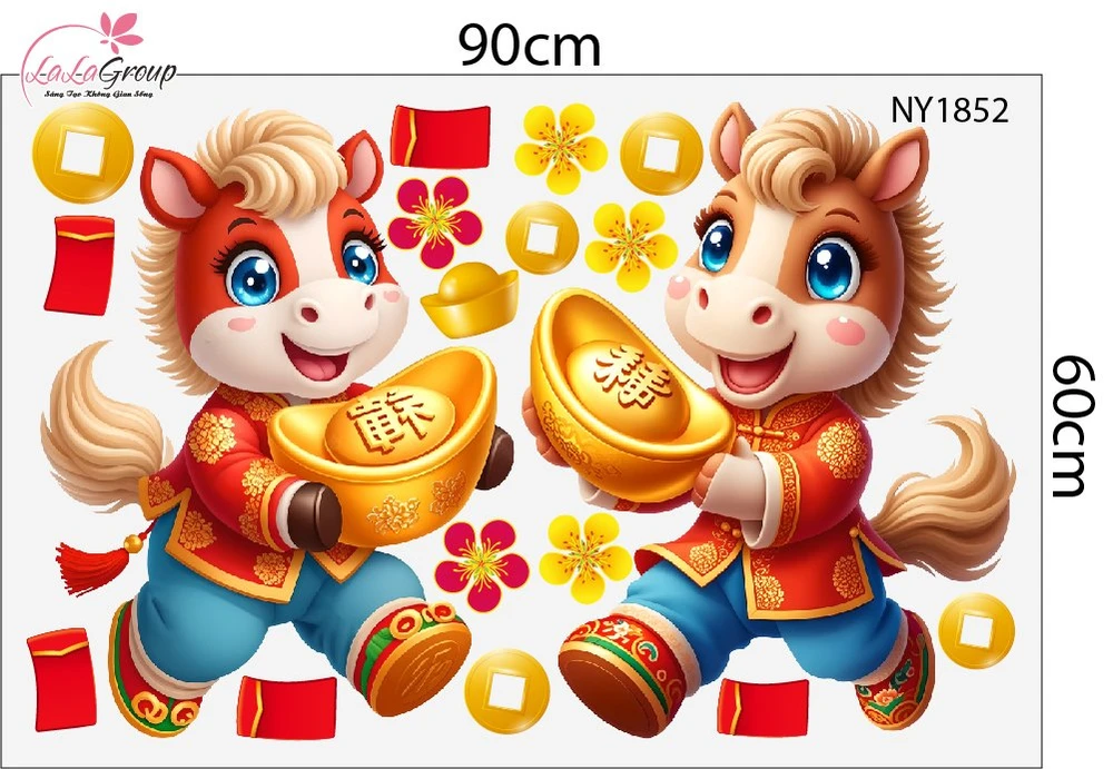 Combo Decal Trang Trí Tết Bé Vui Xuân Mừng Năm Mới Bính Ngọ