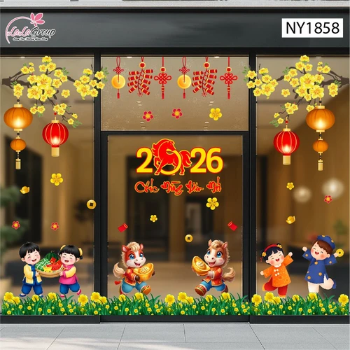 Combo Decal Trang Trí Tết Bé Vui Xuân Mừng Năm Mới Bính Ngọ