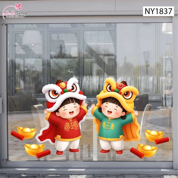 Decal Trang Trí Têt Bé Múa Lân Xuân Sang Hạnh Phúc