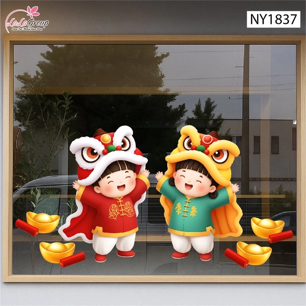 Decal Trang Trí Têt Bé Múa Lân Xuân Sang Hạnh Phúc