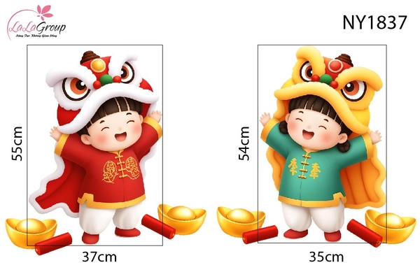 Decal Trang Trí Têt Bé Múa Lân Xuân Sang Hạnh Phúc