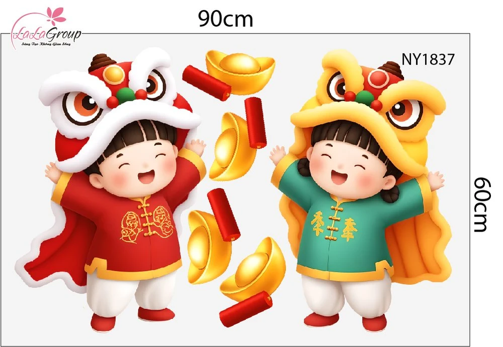 Decal Trang Trí Têt Bé Múa Lân Xuân Sang Hạnh Phúc