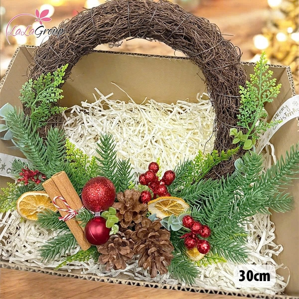 Vòng nguyệt quế 30cm Trang Trí Noel Kèm Đèn Led Phong Cách Cổ Điển