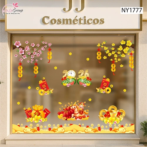 Combo Decal Trang Trí Cửa Kính Ngày Tết Ngựa Thần Tài và Túi Tiền May Mắn