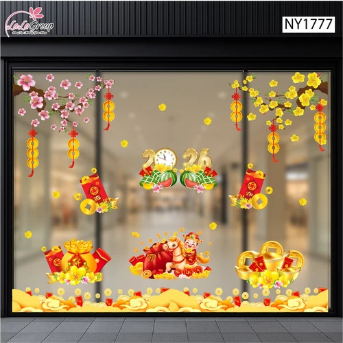Combo Decal Trang Trí Cửa Kính Ngày Tết Ngựa Thần Tài và Túi Tiền May Mắn