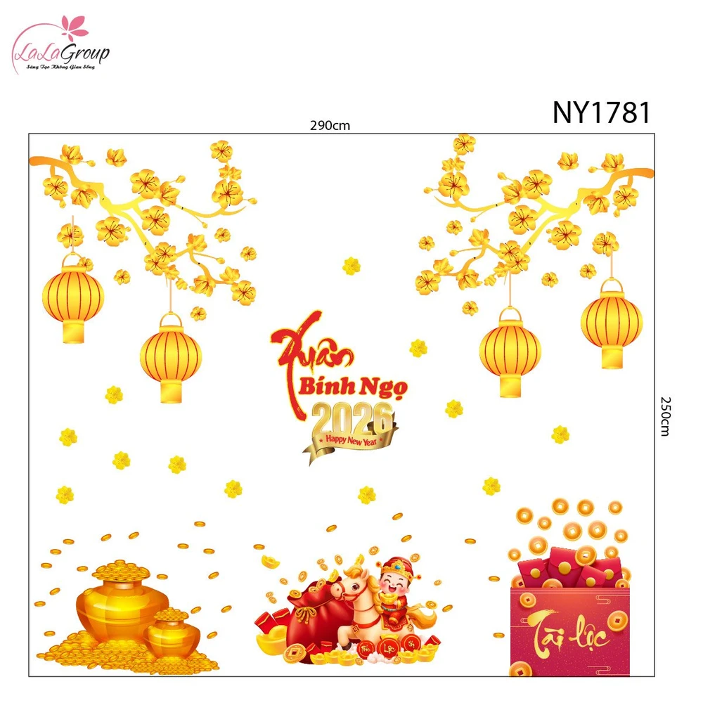 Combo Decal Trang Trí Tết Mừng Xuân Bính Ngọ Tài lộc May Mắn 2026