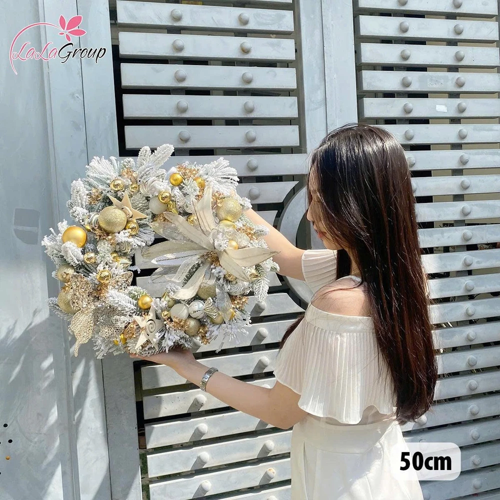 Vòng Nguyệt Quế 50cm Gam Vàng Sang Trọng Trang Trí Noel Kèm Đèn Led