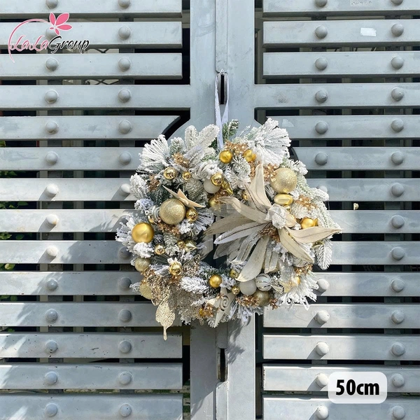 Vòng Nguyệt Quế 50cm Gam Vàng Sang Trọng Trang Trí Noel Kèm Đèn Led