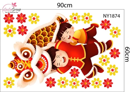 Decal Trang Trí Tết Lân Vàng Gõ Cửa Tài Lộc Sum Vầy