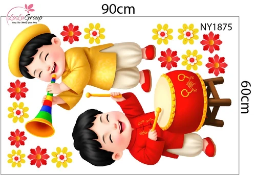 Decal Trang Trí Tết Lân Vàng Gõ Cửa Tài Lộc Sum Vầy