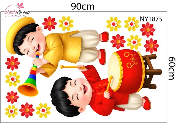 Decal Trang Trí Tết Lân Vàng Gõ Cửa Tài Lộc Sum Vầy