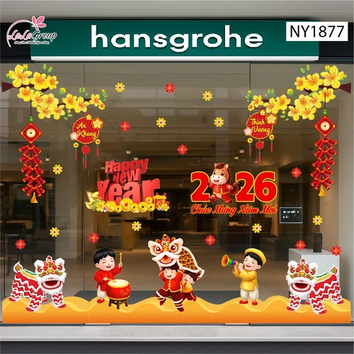 Decal Trang Trí Tết Lân Vàng Gõ Cửa Tài Lộc Sum Vầy