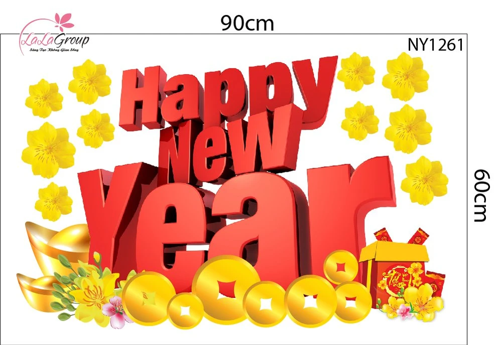 Decal Trang Trí Tết Lân Vàng Gõ Cửa Tài Lộc Sum Vầy