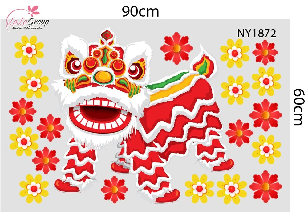 Decal Trang Trí Tết Lân Vàng Gõ Cửa Tài Lộc Sum Vầy