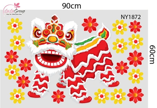 Decal Trang Trí Tết Lân Vàng Gõ Cửa Tài Lộc Sum Vầy