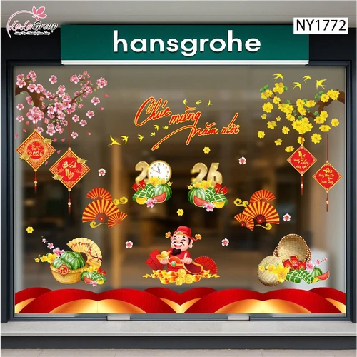 Combo Decal Trang Trí Tết Xuân Bính Ngọ Thần Tài Phúc Lộc 2026