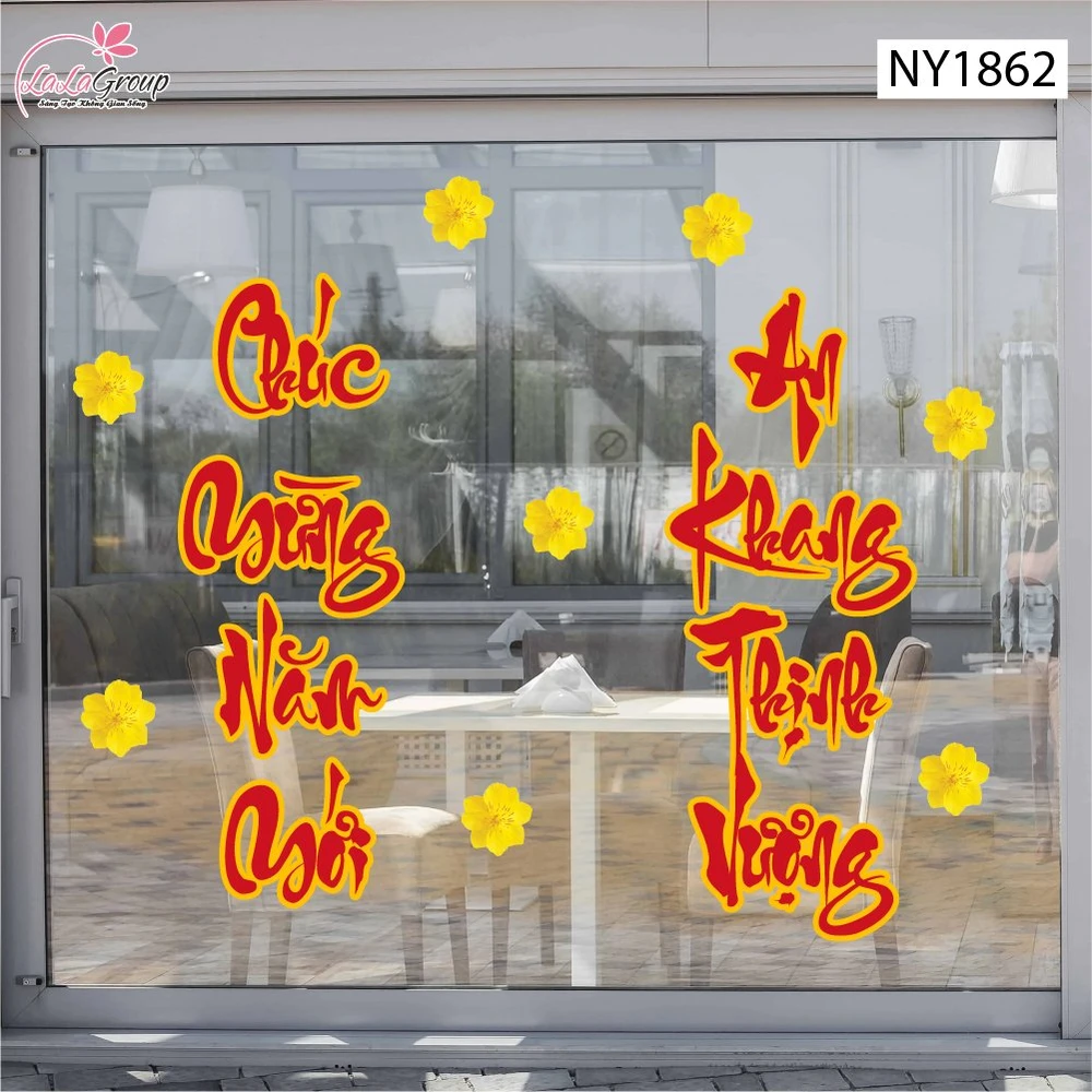 Decal Trang Trí Tết Chúc Mừng Năm Mới An Khang Thịnh Vượng Và Mai Vàng