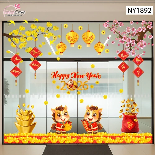 Combo Decal Trang Trí Tết Happy New Year Bính Ngọ 2026