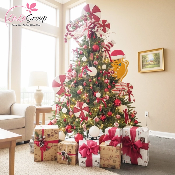Cây Thông Noel PE 3 Loại Lá Cao 1m8 Full Phụ Kiện Tone Kẹo Ngọt Ngào Đón Giáng Sinh